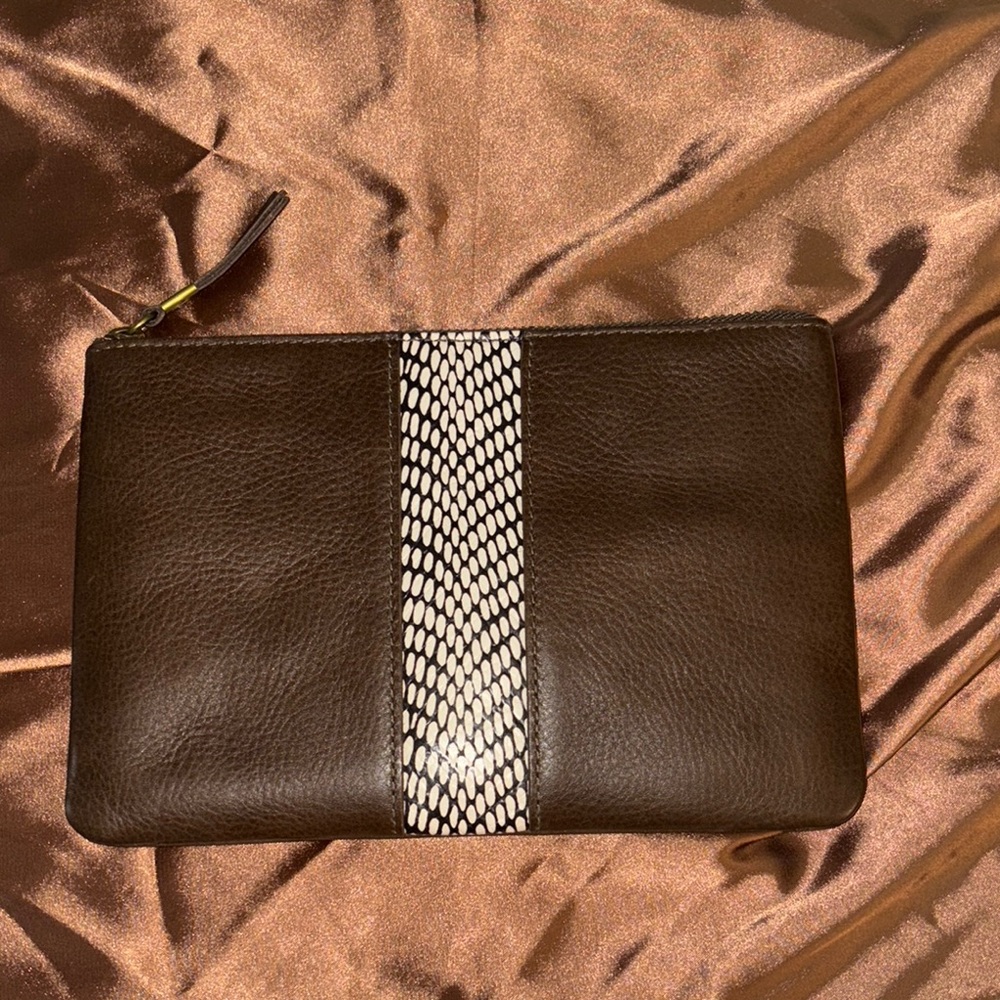 Chic Brown Leather Clutch with Snake Print Accent